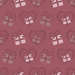 Seamless pattern for Valentine's Day with gifts and hearts. Raspberry color. Vector.