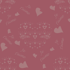 Seamless pattern for Valentine's Day, declaration of love with little hearts and text in french language, I love you. Raspberry color. Vector.