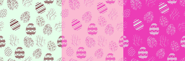 Bundle of three eamless vector patterns with semple Easter eggs with different ornaments in differents colorways Print for packaging design and wrapping paper 