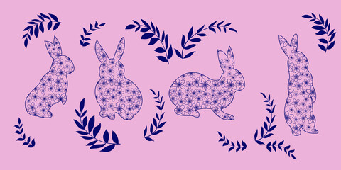 Set of silhouettes of easter bunnies full of flowers. Line art. Group of icons. Vector illustration