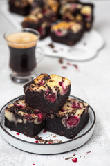 Chocolate brownie cake with raspberries