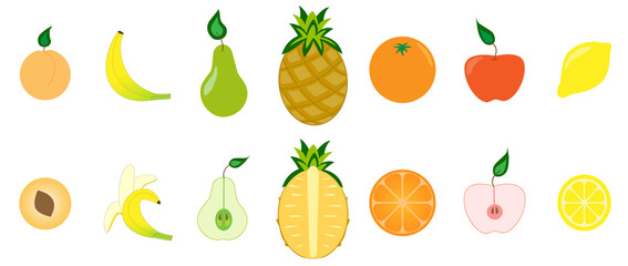 Set of fruits. Collection of juicy natural citrus and garden fruits. Assorted whole and sliced fruits on a white background. Vegetarian food. Organic products, flat design style. Vector illustration
