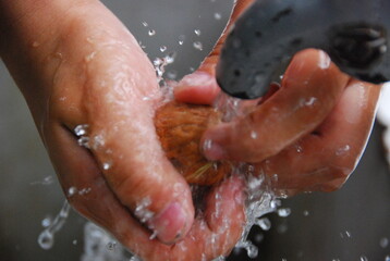 hands cleaning nuts within a water fountain