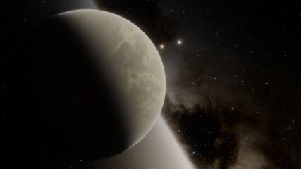 super-earth planet, realistic exoplanet, planet suitable for colonization, earth-like planet in far space, planets background 3d render