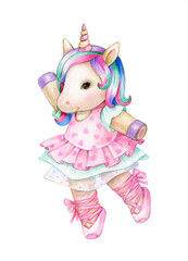 Cute, dancing  unicorn,  isolated on white. Watercolor illustration.