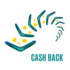 Cash back reward concept. Turning back boomerang with gold dollar coins in the sky. Money rebate design template in cartoon style. Vector illustration. Perfect for credit card companies.