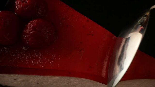 a piece of cake. Raspberry and strawberry cake. Piece of cake. view from above