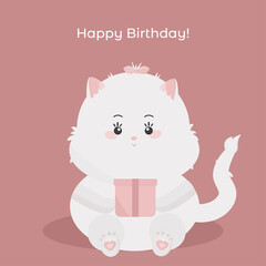 Birthday postcard. Vector illustration of a cat who is holding gift box and inscription Happy Birthday. Greeting birthday card design. Kids invitation with cute animal. Card template. Love card