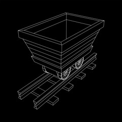 Trolley mine on rails. Wireframe low poly mesh vector illustration.