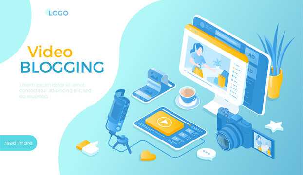 Video blogging, Personal Blog. Vlogger giving video review, advertising on her vlog channel. Making video content for blog or vlog in social networks. Isometric vector illustration for website.