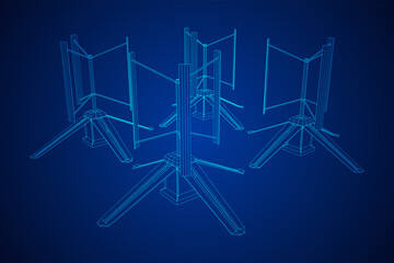Darrieus wind turbine. Windmill generator wireframe low poly mesh. Vector illustration