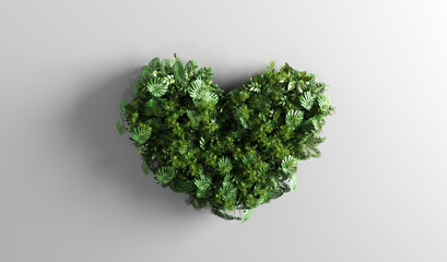 Obraz na płótnie Canvas Green tropical leaves in heart shape on white background.