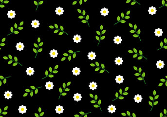 Patrón de margaritas y ramas verdes sobre fondo negro