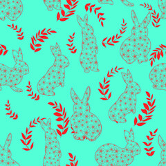 Seamless vector pattern with Easter bunnies silhouettes with flower texture, and leaves. Print design for wrapping gifts and packaging design 