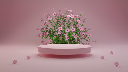 3D rendering flower background pink color with geometric shape podium for product display, minimal concept, Premium illustration pastel floral elements, beauty, cosmetic.