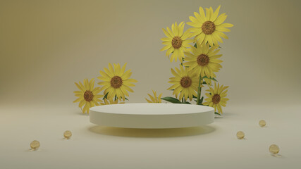 Fototapeta na wymiar Flowers 3D rendering sunflower background yellow color with geometric shape podium for product display, minimal concept, Premium illustration pastel floral elements, beauty, cosmetic.