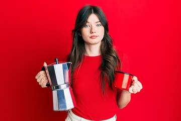 Young beautiful caucasian girl drinking italian coffee skeptic and nervous, frowning upset because of problem. negative person.