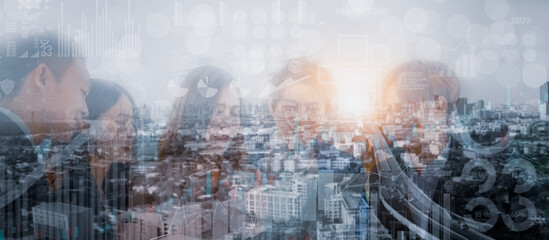 Fototapeta premium Double exposure businesspeople asian team professional meeting and working,congratulations success the team together,with stock chart and graph stock forex icon,background city,banner header panoramic