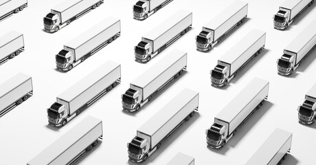 Fleet of new heavy trucks on white. Transport, shipping industry