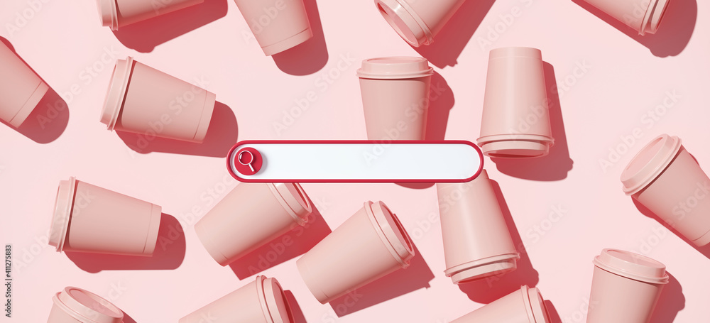 Poster minimal abstract background for online coffee concept. blank web search bar and paper coffee cup on 