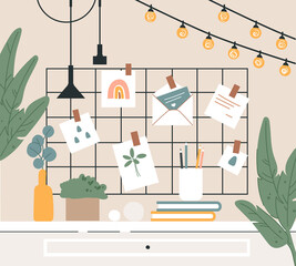 Wall mood board inspiration. Desk with books, plants, flowers, pictures, envelope and lamps. Stylish home decorations. Vector flat illustration.