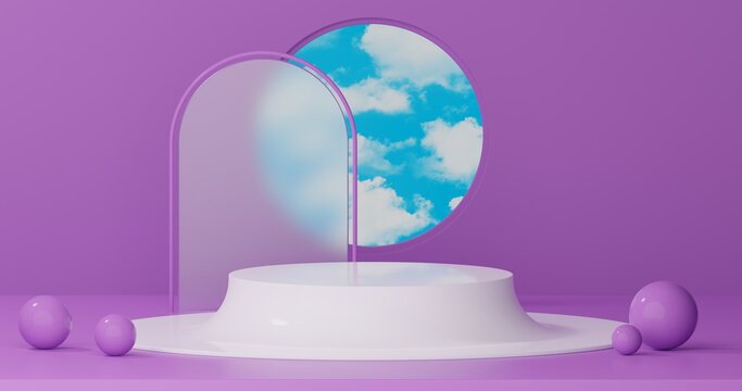 3d rendering, abstract background with blue sky inside the window on the purple wall. Mock up podium for product presentation, Blank showcase mockup 