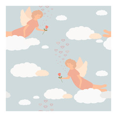 Seamless vector pattern with angels on sky background. Cupid on the background of the sky and clouds. Valentine's Day. Suitable for holiday greeting, web, design, interior, fabric, greeting card
