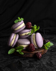 Blackberry macarons. Small French cakes. Sweet and colorful French macarons cakes. Copy Space