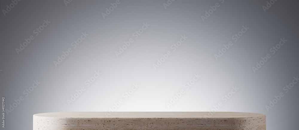 Poster minimal mockup background for product presentation. travertine podium on grey background. clipping p
