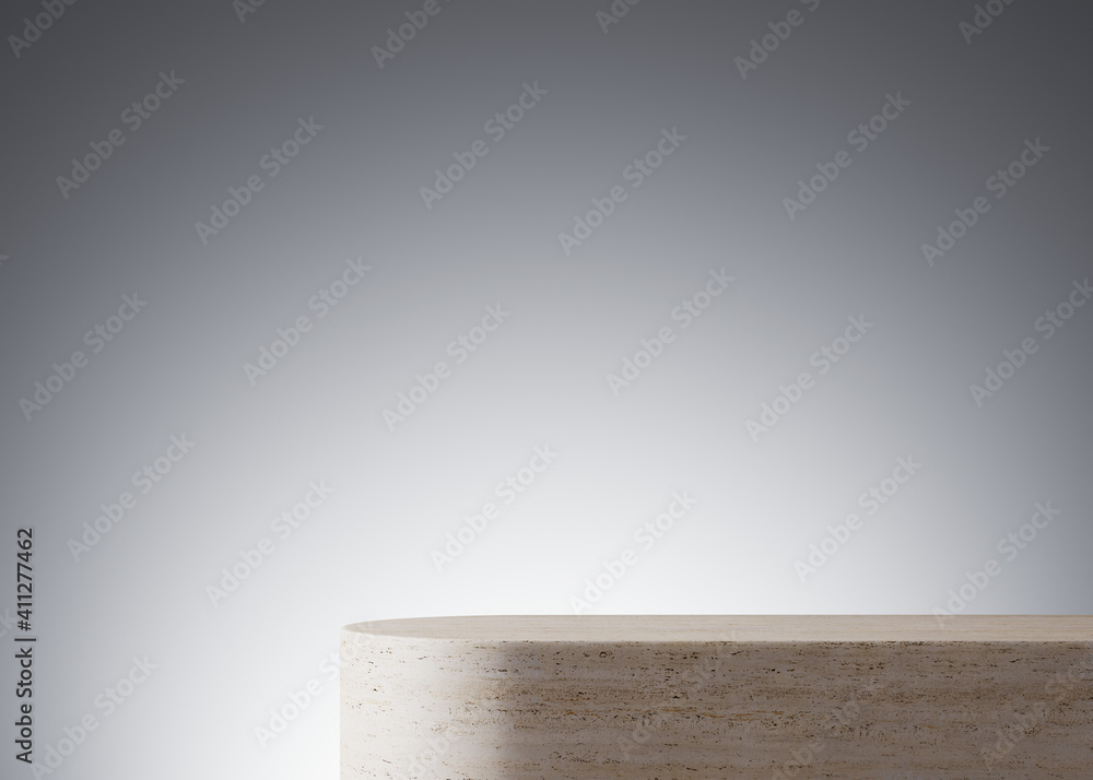 Poster minimal mockup background for product presentation. travertine podium on grey background. clipping p