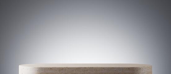 Minimal mockup background for product presentation. Travertine podium on grey background. Clipping path of each element included. 3d rendering illustration. 