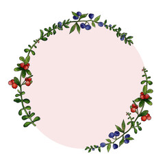 Circle frame with cowberry and blueberry watercolor painting