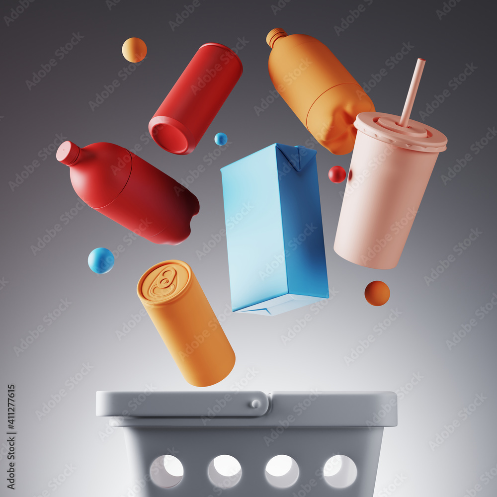 Poster minimal background for fast food concept. basket with food and beverage on grey background. 3d rende