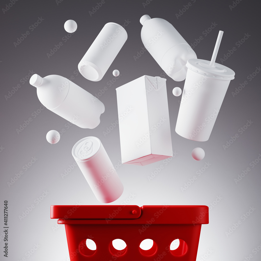Poster minimal background for fast food concept. red basket with white food and beverage on grey background