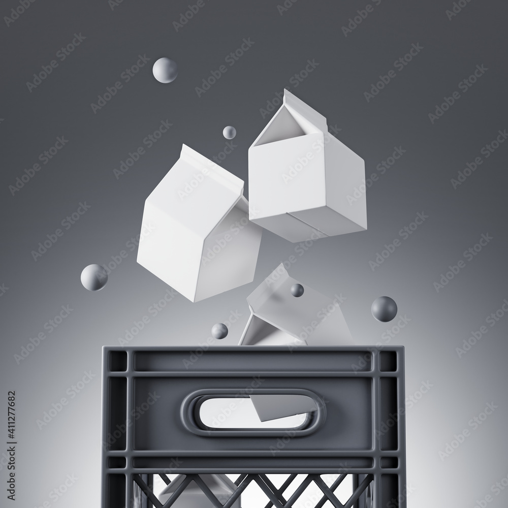Poster minimal background for food concept. plastic milk crate on grey background. 3d rendering illustratio