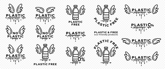 A set of icons for packaging products. Marking - no plastic. Plastic bottle with wings and line of absorbable biodegradable product. Free symbol from ingredient. Vector