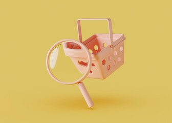 Business background for food and sale concept. Magnifying glass and shopping basket on yellow background. 3d rendering illustration. Clipping path of each element included.