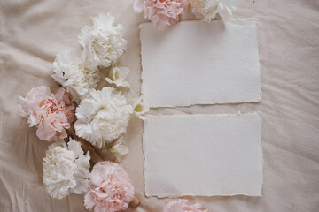 Wedding Invitation Cards on Beige Background with White and Pink Carnations Elegant Shabby Chic Wedding, Spring Wedding