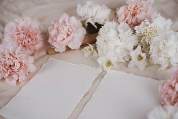 Wedding Invitation Cards on Beige Background with White and Pink Carnations Elegant Shabby Chic Wedding, Spring Wedding