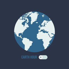 Vector illustration on dark background of the Earth and swith in Off mode. Earth Hour concept. Inscription Earth Hour