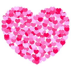 Vector illustration isolated on white. Icon of heart consisting of many tiny pink and red heards. Theme of love and Valentine's day. Simple hand drawn doodle clipart. For poster, collage, card, banner