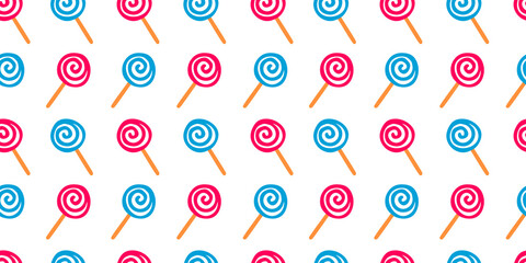 Seamless pattern with swirled white-blue and white-pink lollipops on a stick. Love and Valentine's day theme. Simple hand drawn doodle clipart. Vector illustration. Poster, collage, textile, fabric.
