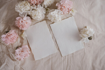 Wedding Invitation Cards on Beige Background with White and Pink Carnations Elegant Shabby Chic Wedding, Spring Wedding