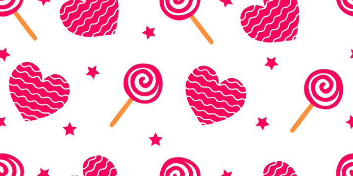Seamless pattern with swirled lollipops on a stick, stars and heards on white. Theme of Valentine's day. Simple hand drawn doodle clipart. Vector illustration. Hoster, collage, card, textile, fabric