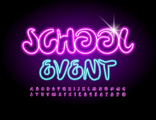 Vector colorful logo School. Event. Glowing Pink Font. Neon Alphabet Letters and Numbers set