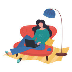 Vector flat illustrations girl with laptop work or study night in her home.