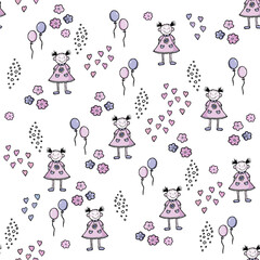 The drawing is seamless with funny little girls, hearts, flowers and balloons on a white background