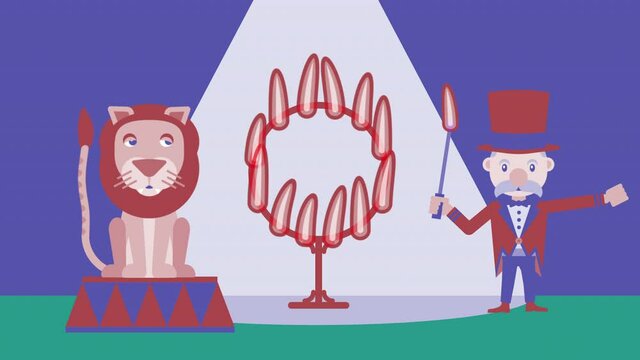 Circus old-man tamer lights fire ring so lion can jump but he falls asleep. Animated colorful circus scene with 2 characters. 4k Motion graphics cartoon animation with cycle seamless