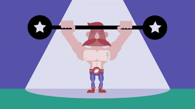Tough Heavy Strongman character lifting heavy weights gets red. Man with circus moustache does weightlifting. 4k Motion graphics cartoon animation cycle seamless