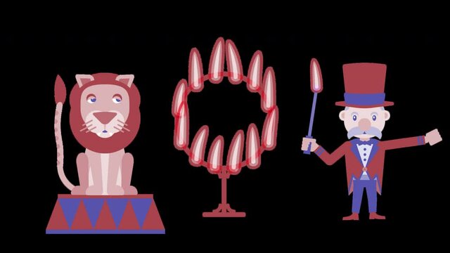 Circus old-man tamer lights fire ring so lion can jump but he falls asleep. Animated colorful circus scene with 2 characters. 4k Motion graphics cartoon animation with alpha channel cycle seamless